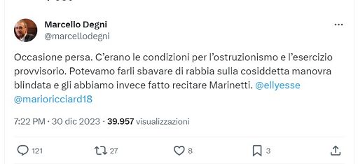 Malan (Fdi): inquietante il post del consigliere della Corte dei Conti Marcello Degni