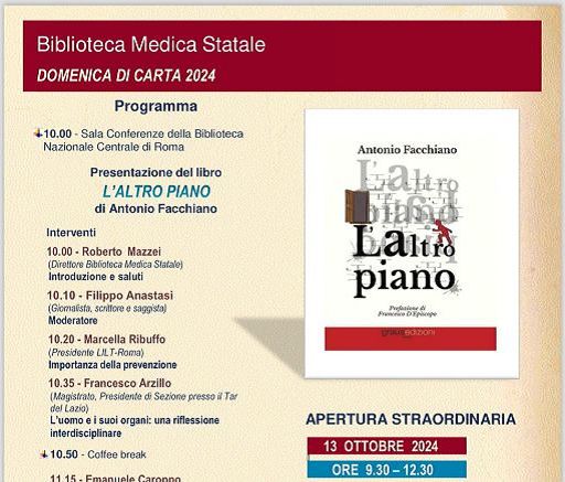 Roma, 13-10 presentazione romanzo “L’altro piano” di Antonio Facchiano