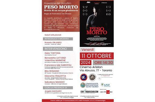 A Taranto venerdì evento ‘Peso Morto. Storia di un errore giudiziario’